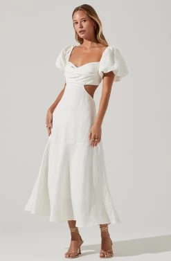 Winley Puff Sleeve Cutout Midi Dress -Chic Outfit Shop ACDR101685 OFFWHITE 2