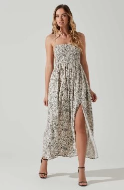 Stasia Floral Smocked Midi Dress -Chic Outfit Shop ACDR101720P DARKBROWNPAISLEY 1