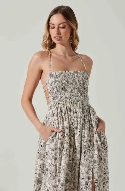 Stasia Floral Smocked Midi Dress -Chic Outfit Shop ACDR101720P DARKBROWNPAISLEY 3