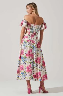 Liliosa Floral Off Shoulder Midi Dress -Chic Outfit Shop ACDR101726 PINKMULTI 2600