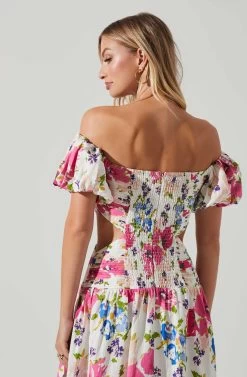 Liliosa Floral Off Shoulder Midi Dress -Chic Outfit Shop ACDR101726 PINKMULTI 2602