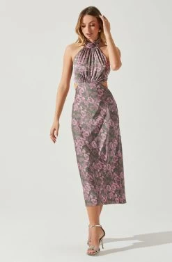 Ambretta Floral Halter Midi Dress -Chic Outfit Shop ACDR101747 GREENPINKFLORAL 2