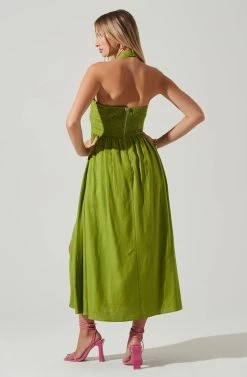Zaria Pleated Halter Midi Dress -Chic Outfit Shop ACDR101778 AVOCADO 5