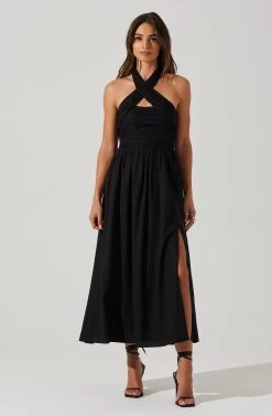 Zaria Pleated Halter Midi Dress -Chic Outfit Shop ACDR101778 BLACK 1