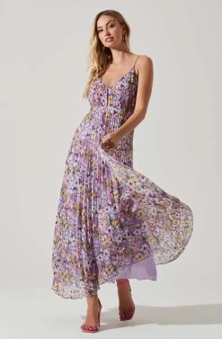 Loralee Pleated Floral Maxi Dress -Chic Outfit Shop ACDR101790 PURPLEFLORAL 1