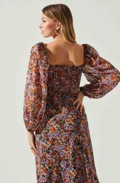 Sylvie Floral Puff Sleeve Midi Dress 12 Sylvie Floral Puff Sleeve Midi Dress -Chic Outfit Shop ACDR101889 ORANGEPURPLEFLORAL 5