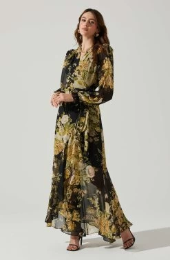 Kamila Long Sleeve Floral Wrap Maxi Dress 16 Kamila Long Sleeve Floral Wrap Maxi Dress -Chic Outfit Shop ACDR101894 BLACKYELLOWMULTI 2