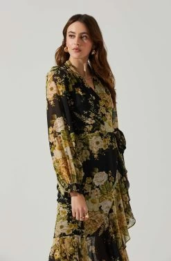 Kamila Long Sleeve Floral Wrap Maxi Dress 17 Kamila Long Sleeve Floral Wrap Maxi Dress -Chic Outfit Shop ACDR101894 BLACKYELLOWMULTI 4