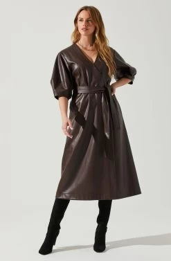 Angie Faux Leather Tie Waist Midi Dress -Chic Outfit Shop ACDR101897 DARKBROWN 2