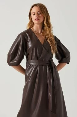 Angie Faux Leather Tie Waist Midi Dress -Chic Outfit Shop ACDR101897 DARKBROWN 4