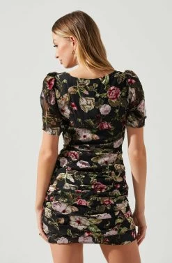 Elandra Floral Burnout Puff Sleeve Mini Dress -Chic Outfit Shop ACDR101928SH BLACKREDFLORAL 5