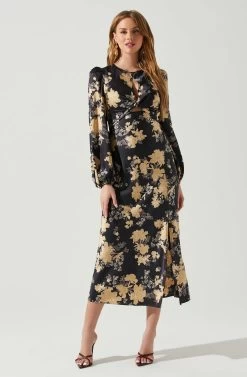 Suzy Floral Satin Front Cutout Midi Dress 10 Suzy Floral Satin Front Cutout Midi Dress -Chic Outfit Shop ACDR101971 BLACKCREAMFLORAL 1