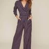Wide Leg Button Front Print Jumpsuit -Chic Outfit Shop ACP7021 NAVY TAUPE STRIPE 4