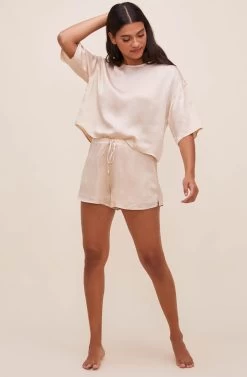 Rosabel Satin Tie Front Shorts -Chic Outfit Shop ACP7208 CHAMPAGNE 1