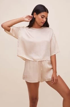 Rosabel Satin Tie Front Shorts -Chic Outfit Shop ACP7208 CHAMPAGNE 2