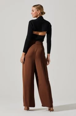 Boyfriend Criss Cross Pleated Wide Leg Pants -Chic Outfit Shop ACP7225 BROWN 4 2