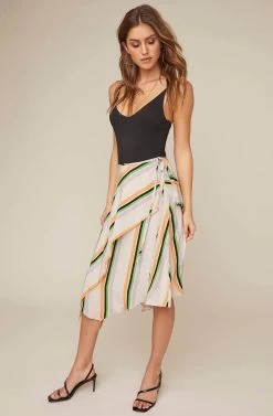 Dallas Striped Asymmetrical Midi Skirt -Chic Outfit Shop ACS9021 TAUPE TANGERINE STRIPE 2A