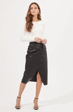 Kari Faux Leather Twist Front Midi Skirt