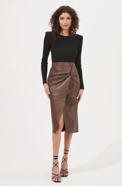Kari Faux Leather Twist Front Midi Skirt -Chic Outfit Shop ACS9076 BROWN 1