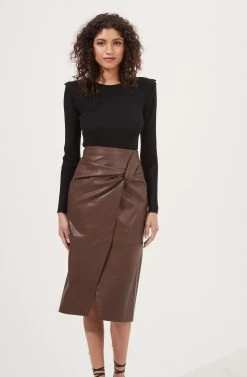 Kari Faux Leather Twist Front Midi Skirt -Chic Outfit Shop ACS9076 BROWN 2