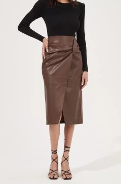 Kari Faux Leather Twist Front Midi Skirt -Chic Outfit Shop ACS9076 BROWN 3
