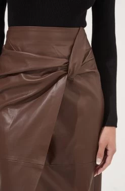 Kari Faux Leather Twist Front Midi Skirt -Chic Outfit Shop ACS9076 BROWN 4