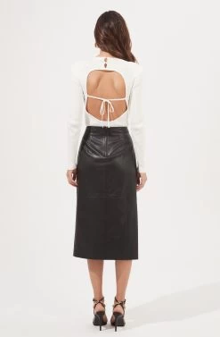 Kari Faux Leather Twist Front Midi Skirt -Chic Outfit Shop ACS9076 OFFWHITE 4