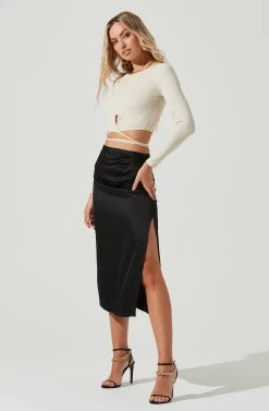 Perry Ruched Side Slit Midi Skirt 16 Perry Ruched Side Slit Midi Skirt -Chic Outfit Shop ACS9086C BLACK 1