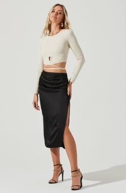 Perry Ruched Side Slit Midi Skirt 17 Perry Ruched Side Slit Midi Skirt -Chic Outfit Shop ACS9086C BLACK 2