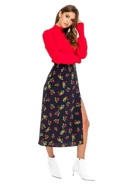 Button Side Slit Midi Skirt 8 Button Side Slit Midi Skirt -Chic Outfit Shop ACS923B NAVY CHERRY PRINT 02