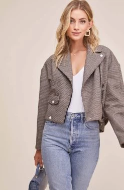 Boxy Woven Moto Jacket -Chic Outfit Shop ACT15082 GREY WHITE COMBO 2