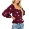 Long Sleeve Sweetheart Peplum Top -Chic Outfit Shop ACT15346B WINE MULTI FLORAL 04