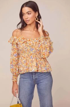 Soiree Floral Cold Shoulder Top -Chic Outfit Shop ACT15926 TANGERINE MULTI FLORAL 2