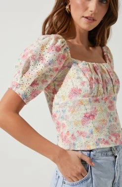 Bondi Floral Eyelet Top -Chic Outfit Shop ACT16043B OFF WHITEPINKMULTI 3