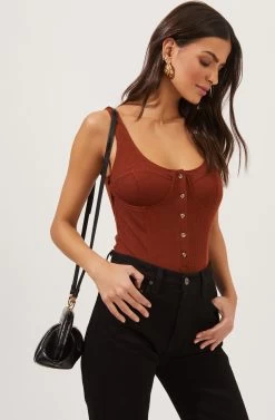 Tenderly Ribbed Knit Bustier Bodysuit 11 Tenderly Ribbed Knit Bustier Bodysuit -Chic Outfit Shop ACT16655 BURNTCINNAMON 2