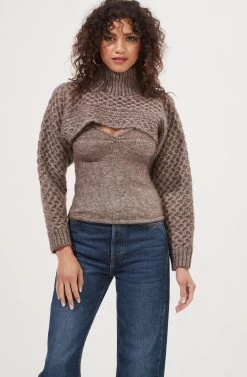 Imani Turtleneck Cable Knit Sweater Set -Chic Outfit Shop ACT16803 BROWN 2