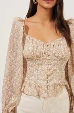 Concord Floral Peplum Puff Sleeve Top -Chic Outfit Shop ACT16819 TAUPEBLUEDITSY 3