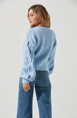 Lizette Cable Knit Statement Sleeve Sweater 27 Lizette Cable Knit Statement Sleeve Sweater -Chic Outfit Shop ACT16879 SKYBLUE 6