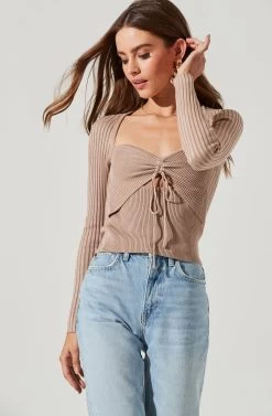 Cortana Cinched Front Cutout Sweater 24 Cortana Cinched Front Cutout Sweater -Chic Outfit Shop ACT16993 NUDE 1545