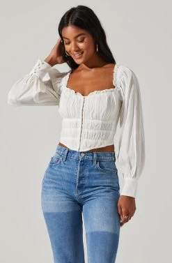 Amber Shirred Hook And Eye Long Sleeve Top -Chic Outfit Shop ACT17014 OFFWHITE 2