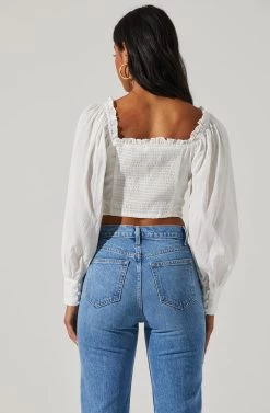 Amber Shirred Hook And Eye Long Sleeve Top -Chic Outfit Shop ACT17014 OFFWHITE 4