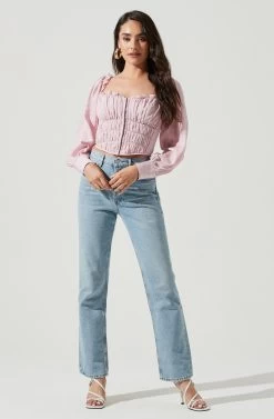 Amber Sweetheart Neck Smocked Long Sleeve Corset Top -Chic Outfit Shop ACT17014 PINK 2