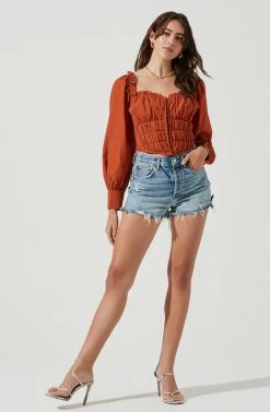 Amber Sweetheart Neck Smocked Long Sleeve Corset Top -Chic Outfit Shop ACT17014 RUST 1