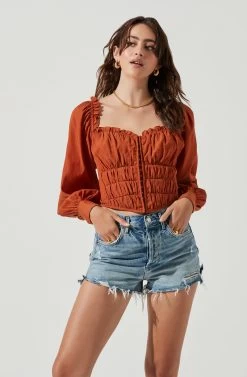 Amber Sweetheart Neck Smocked Long Sleeve Corset Top -Chic Outfit Shop ACT17014 RUST 2