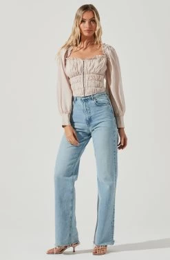 Amber Sweetheart Neck Smocked Long Sleeve Corset Top -Chic Outfit Shop ACT17014 TAUPE 1