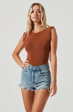 Santa Fe Padded Shoulder Open Back Cross Strap Bodysuit -Chic Outfit Shop ACT17054 NUTMEG 2