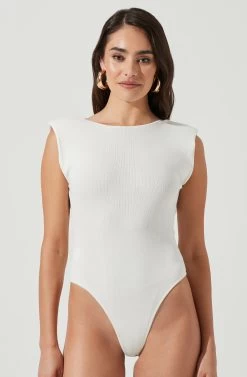 Santa Fe Padded Shoulder Open Back Cross Strap Bodysuit -Chic Outfit Shop ACT17054 WHITE 6