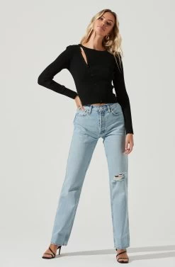 Palomar Asymmetrical Cutout Shoulder Sweater 14 Palomar Asymmetrical Cutout Shoulder Sweater -Chic Outfit Shop ACT17079 BLACK 1