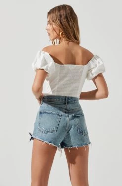 Rayne Ruched Off Shoulder Puff Sleeve Bodysuit -Chic Outfit Shop ACT17152 WHITE 1622