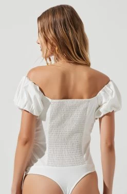 Rayne Ruched Off Shoulder Puff Sleeve Bodysuit -Chic Outfit Shop ACT17152 WHITE 1632